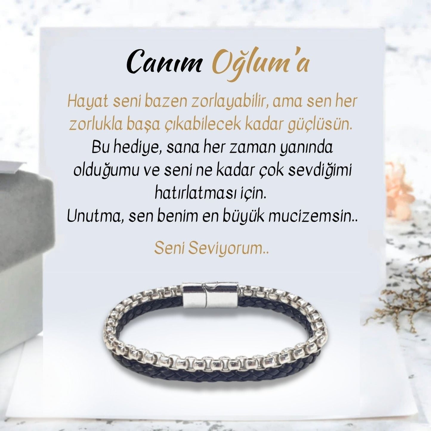 Canım Oğlum'a - İkili Deri Ve Çelik Zincir Bileklik