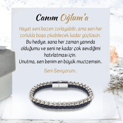 Canım Oğlum'a - İkili Deri Ve Çelik Zincir Bileklik