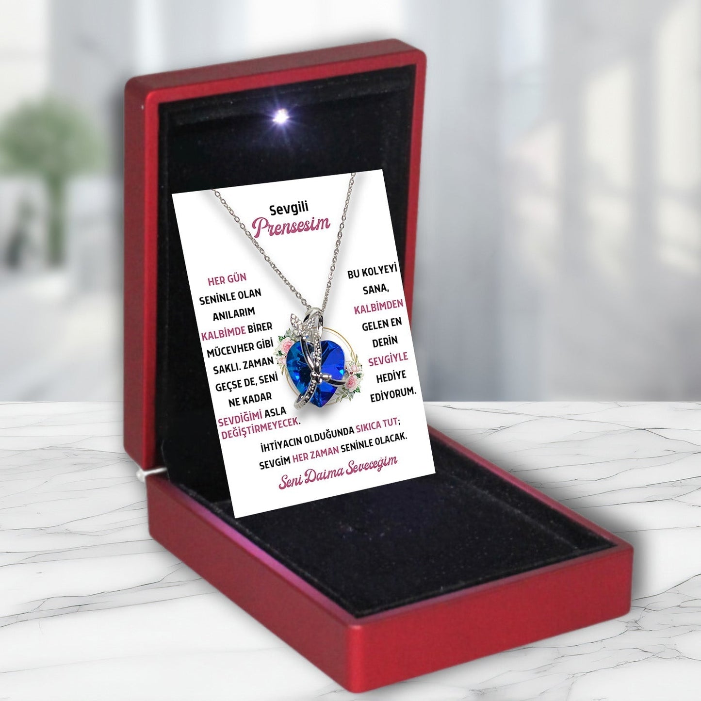 Sevgili Prensesime - Kelebekli Mavi Kalp Kolye