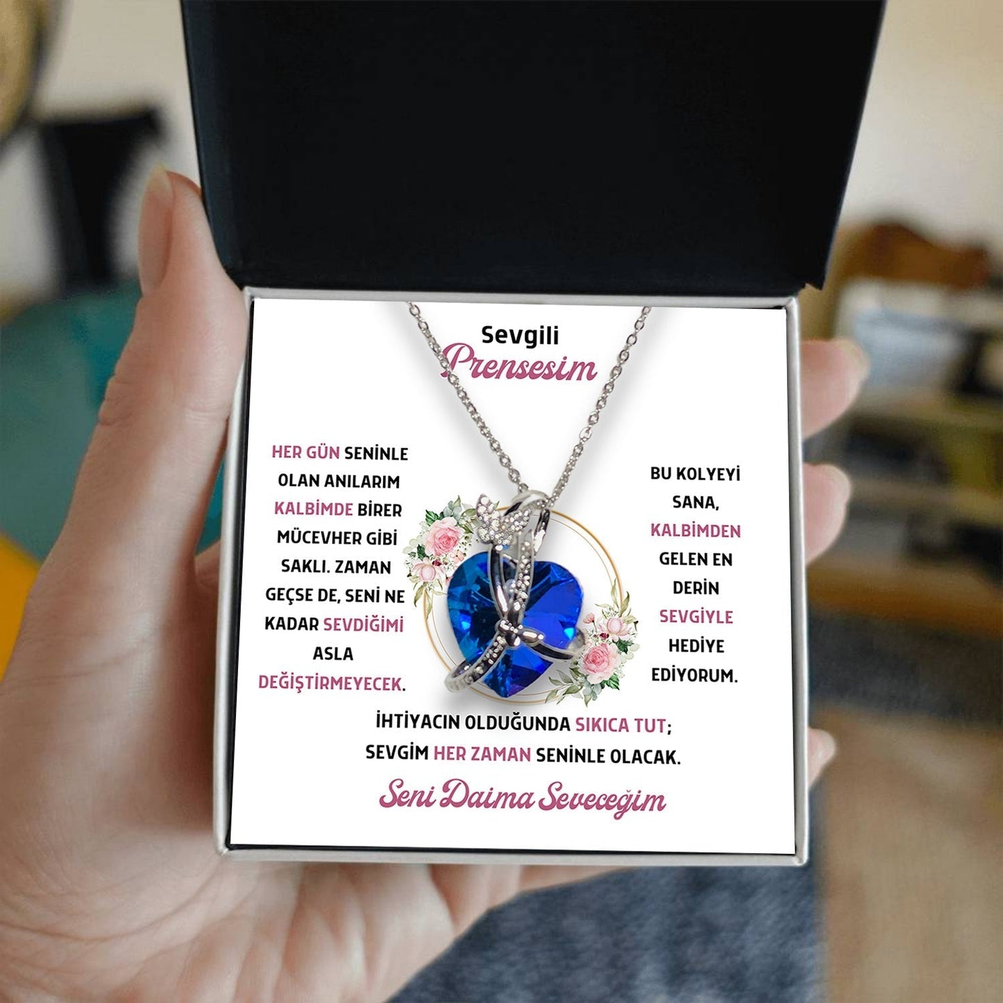 Sevgili Prensesime - Kelebekli Mavi Kalp Kolye